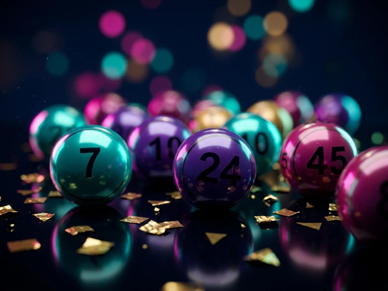 Glossy 3D bingo balls illuminated by neon lights