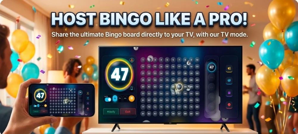 Bingo Caller Pro TV Mode with golden particles and 3D balls