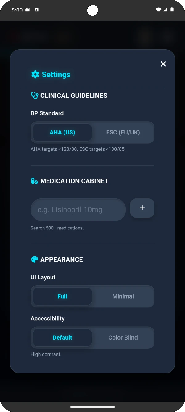 BP Tracker Pro allows switching between AHA and ESC clinical guidelines
