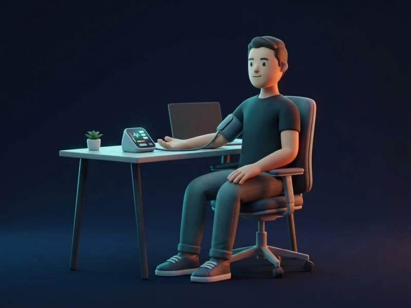 3D character demonstrating perfect posture for taking blood pressure at a desk